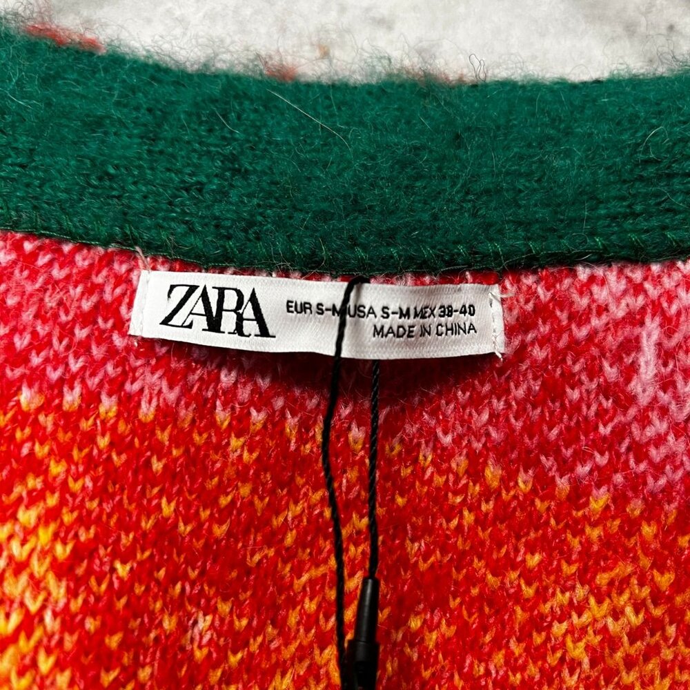 ZARA V-Neck Brushed Shag Cardigan, Vibrant Multicolor All-Over Print, Sz S-M - Picture 11 of 11